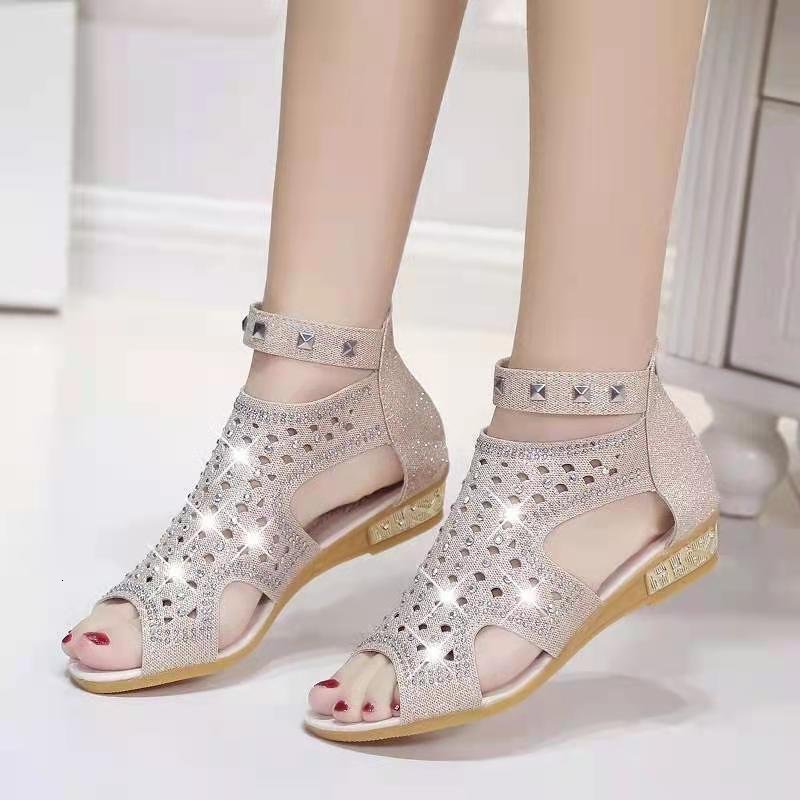 

Sandals 2021 Women's Wedge Ladies Fish Mouth Hollow Roma Summer Shoes Fashion Casual Non-slip Crystal Bling Footwear U1KS, Black