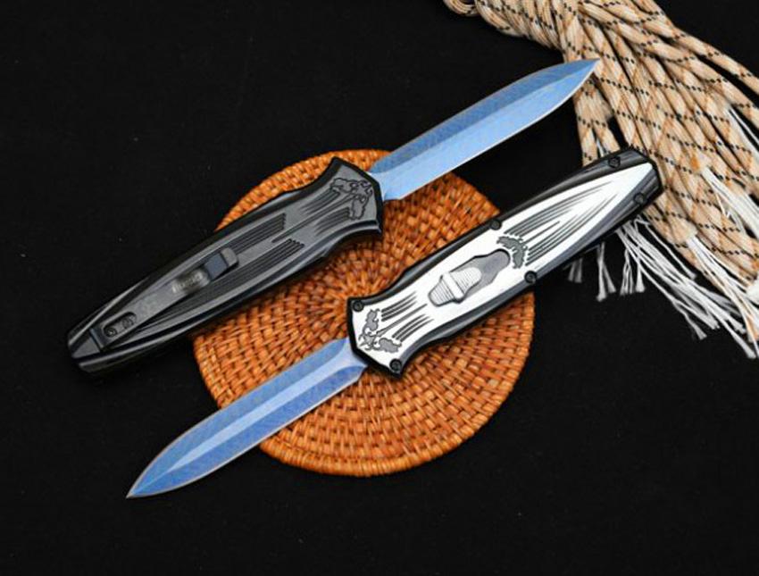 

Hot! Automatic Tactical Knife 440C Double Edge 3D Pattern Blade Zn-al Alloy Handle Outdoor EDC Pocket Knives With Nylon Bag