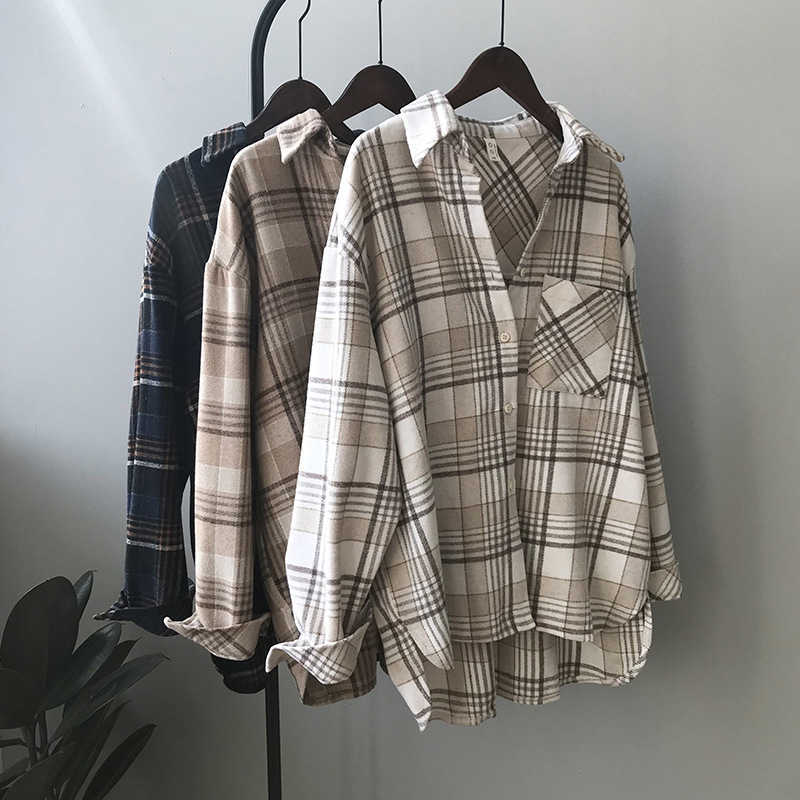

HXJJP Spring Women Plaid Shirt Thickened and Sanded Female Korean Version Loose Warm Blouse 210607, Light khaki