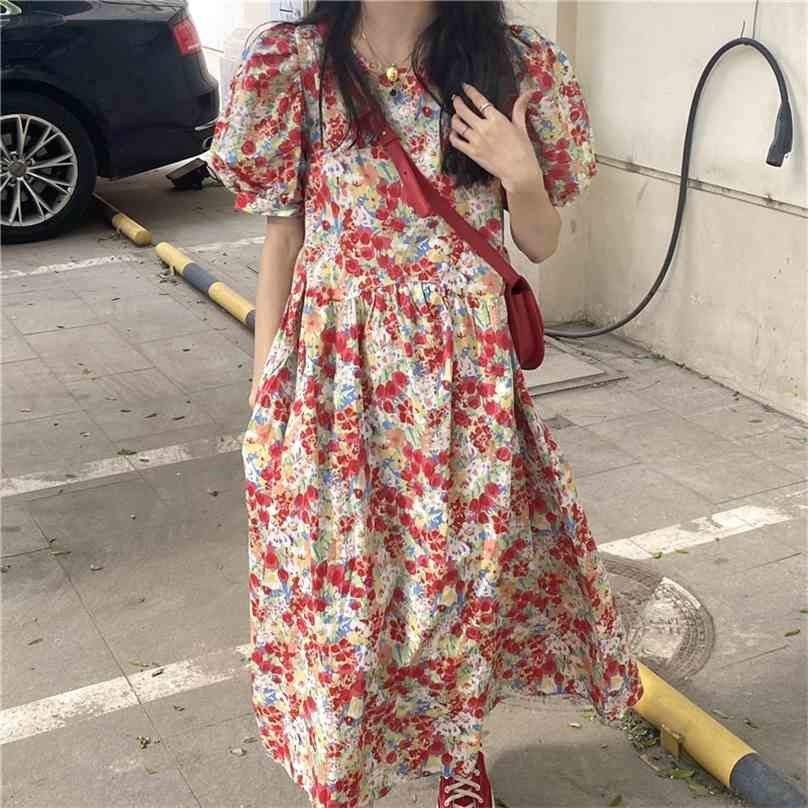

Printing Elegance Puff Sleeves Chic Prom Lady Florals Slim Party Long Dress Femme All Match Vestidos 210525, Photo color
