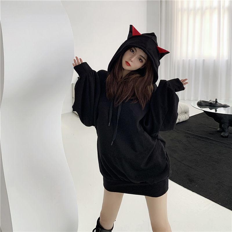 

Women's Hoodies & Sweatshirts Gothic Ears Women Personality Sweatshirt Long Sleeve Tops Loose Pullover 2021 Fashion Korean Casual Stre, Black