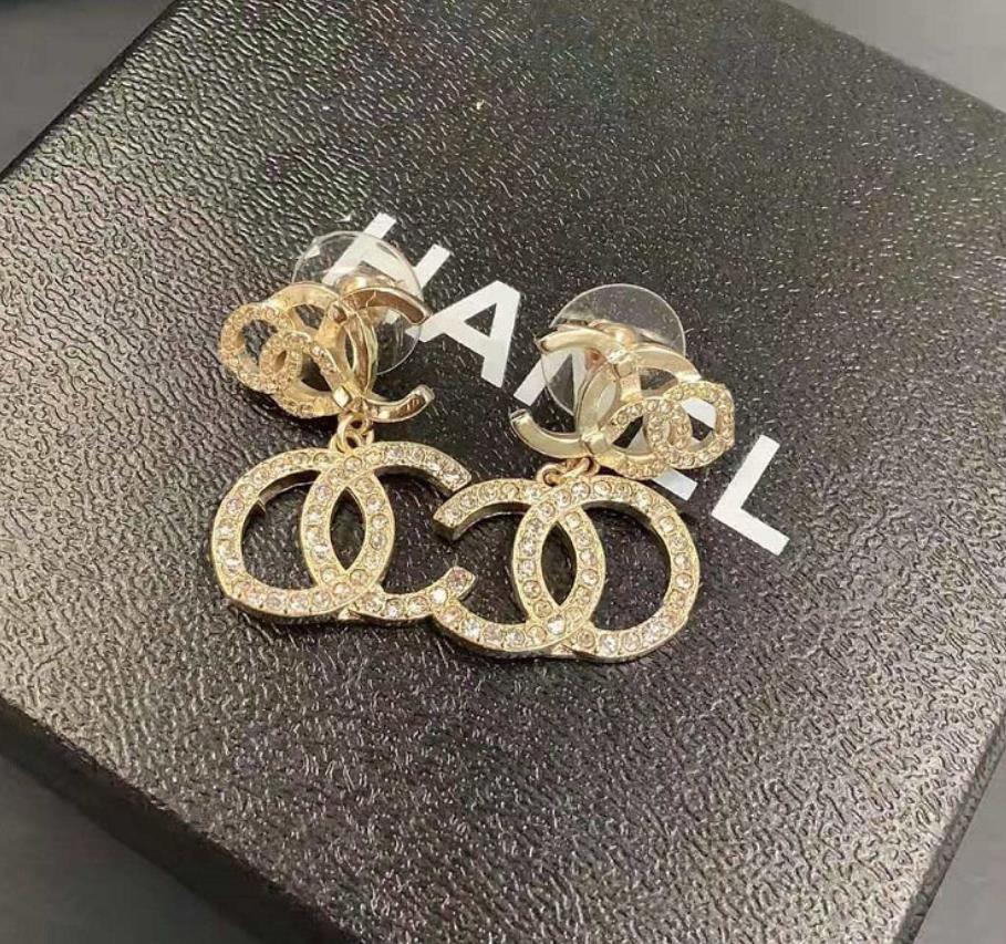 

Xiangjia 2021 small fragrance letter Rhinestone Earrings Brass Earrings 925 silver needle Earrings female, Golden