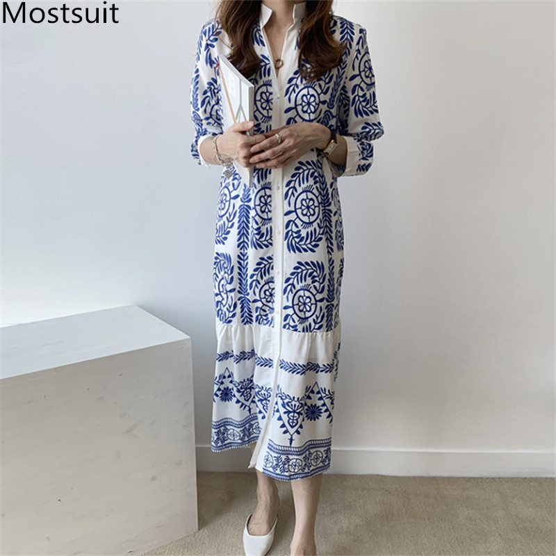 

Spring Korean Printed Shirt Dress Women Long Sleeve V-neck Singel Breasted Holiday Vintage Fashion Female Vestidos 210518, Blue
