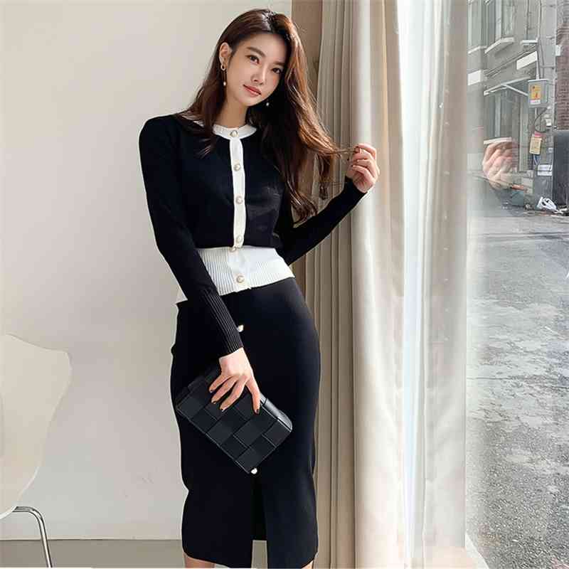 

Fashion Korean Elegant Knitted 2 Pieces Sets Single Breasted Long Sleeve O-neck Tops + High Waist Sexy split Skirt Suit 210520, Photo color