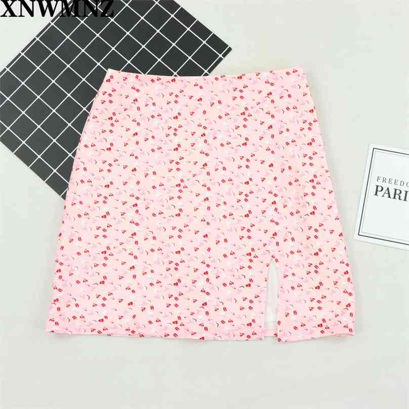 

Vintage Pink Small Floral Print PAline skirt France High waist Women short Skirts Cute saia skirts women 210520
