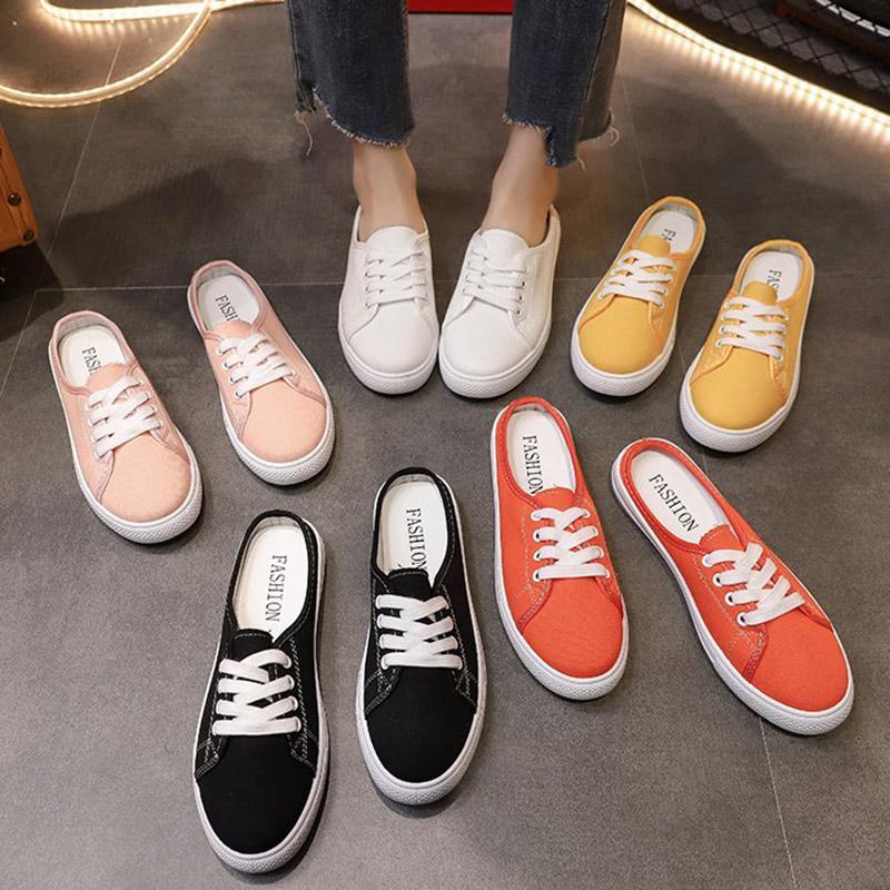 

Slippers Women Sneakrs Candy Color Canvas Lace Up Casual Shoes Slip On Flat White Female Espadrilles Black Slides 9125L