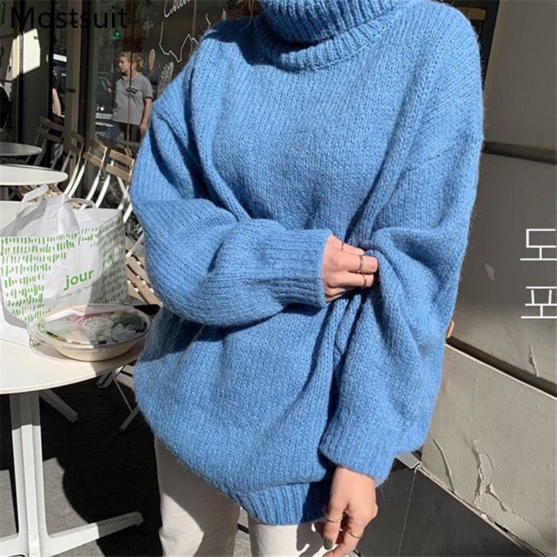 

Korean Turtleneck Knitted Long Pullover Tops Women Winter Full Sleeve Loose Fashion Sweaters Casual Female Ladies Jumpers 210518, Black