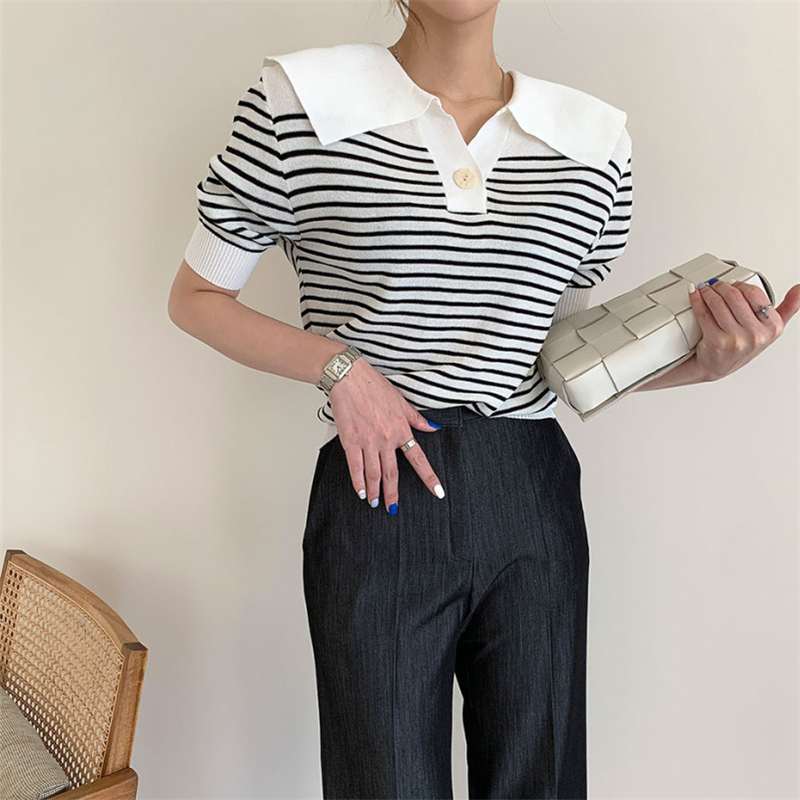 

HziriP Hot 2021 Vintage Loose Striped All Match Thin Office Lady Work Pullover Short Sleeve Slim Knitted Sweaters Womens Tops, Black