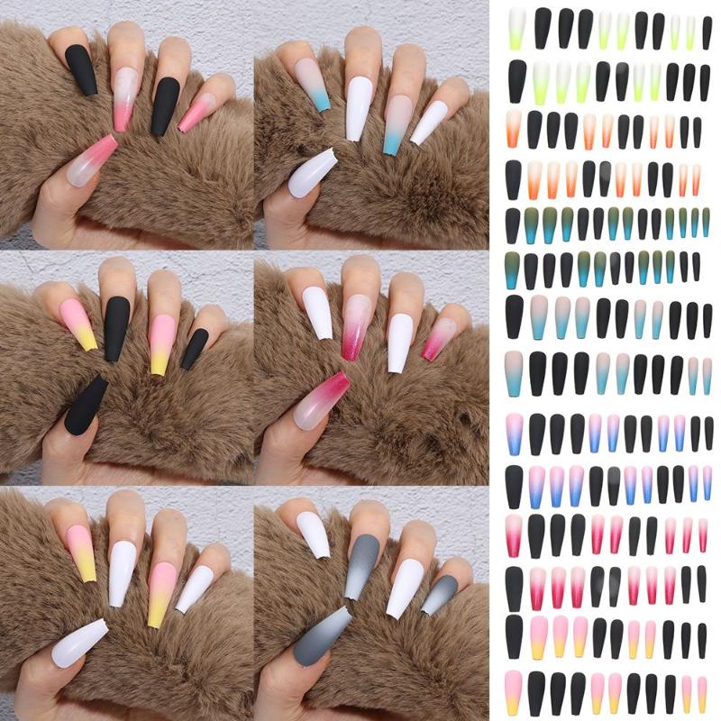 

False Nails 24pcs Beauty Extra Long Coffin Shape Jelly Gum Fake Nail Gradient Color Ballerina, Red;gold