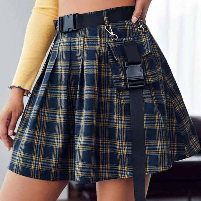 

Skirts Women Summer Skirt Belts Pockets Lattice Chain Punk Pleated Uniform Harajuku Y2k Gothic Streetwear Clubwear Mini, Bk