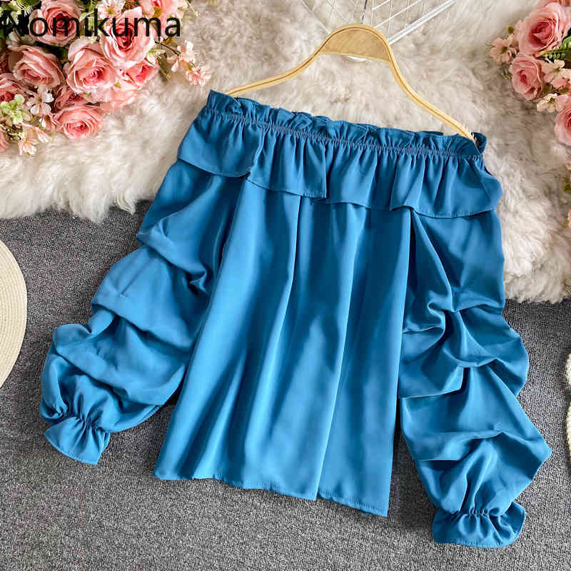 Nomikuma Ruffle Slash Neck Sexy Strapless Blouse Shirt Korean Pleated Puff Sleeve Women Tops Spring Blusas Feminimos 6G542 210427
