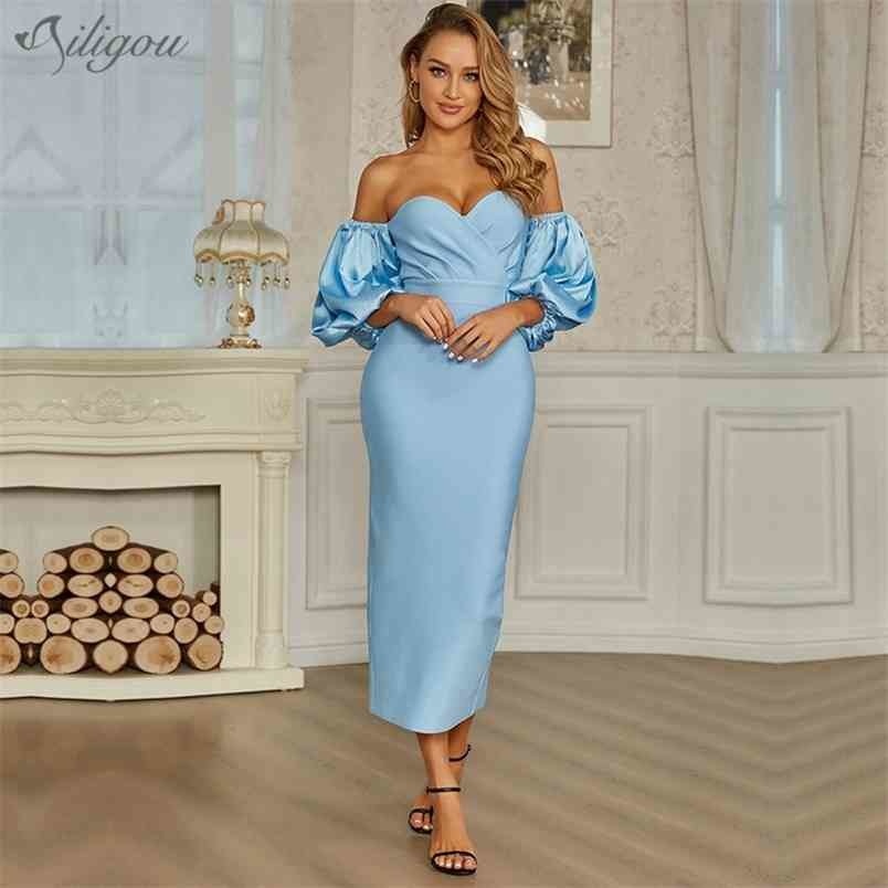 

Women's Bandage Dress Summer Tube Top Sexy Strapless Halter Puff Sleeve Long Nightclub Club and Calf 210525, Light blue