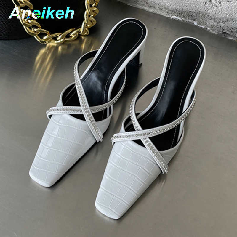 

Aneikeh Spring/Autumn Fashion Shoes Thin Heels PU Square Toe Pumps Concise Mules Plaid Party Slip-On Shallow Polka Dot 210615, Black