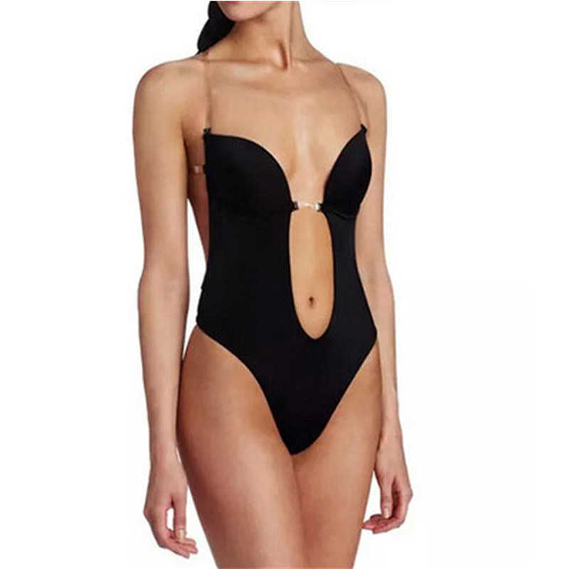 

Women Seamless Bodysuit Underwear Sexy Lingerie Invisible Bra Slimming Body Shaper Plunge Deep Cut Bras Strap Brassiere Black 210708, Nude