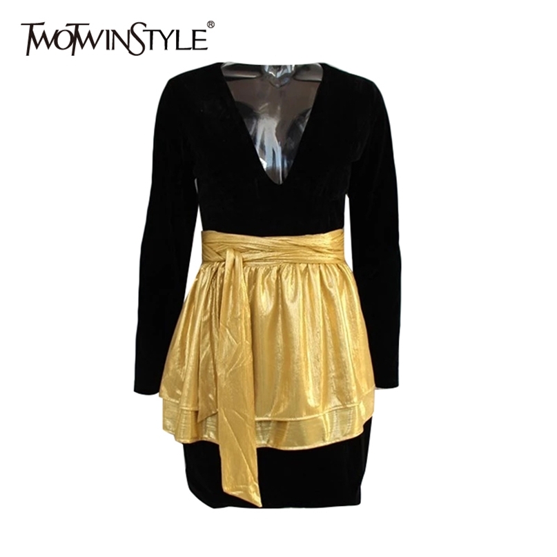 

Velvet Dress Female V Neck High Waist Patchwork Bandage Hit Colors Mini Dresses Women Spring Fashion Clothes 210520, Black
