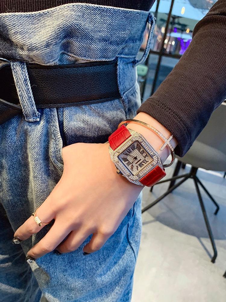 

High-end Domainly Big Luxury Diamond Watches Ladies Real Belt Waterproof Women Watch Square Dial Personality Cool. Wristwatches, Red