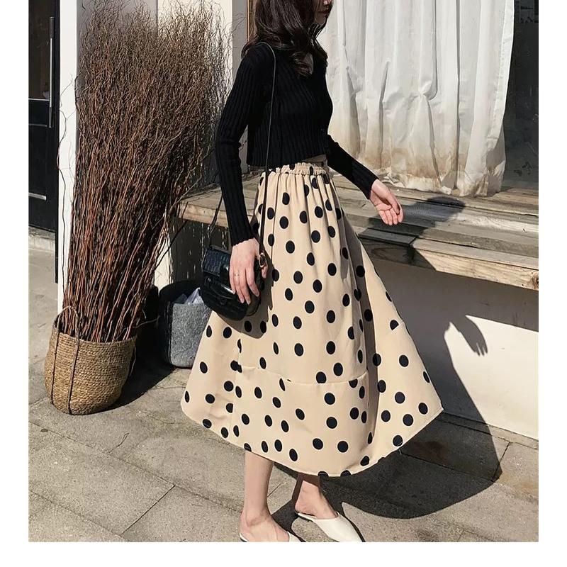 

Skirts 2021 Summer Autumn Fashion Female Maxi Skirt Midi Knee Length Elegant Dot High Waist Pleated Women Long, Beige