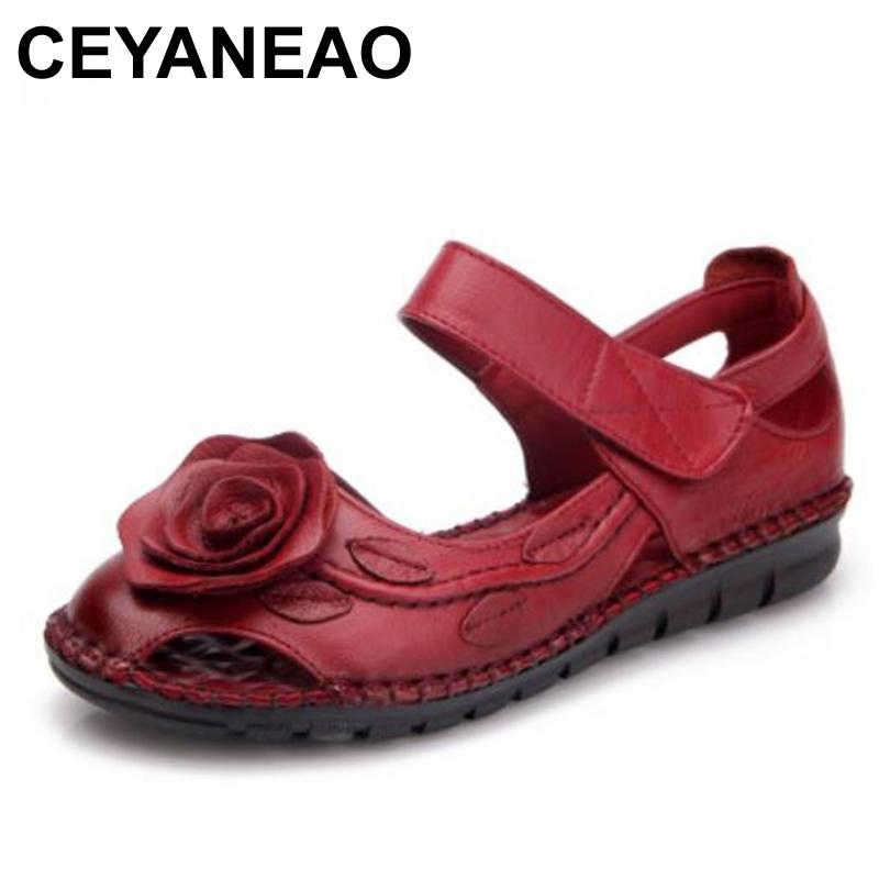 

Summer Handmade Shoes Made Of Cowhide With Flowers Sandals On A Flat Sole Soft Comfortable For Relaxing, Black