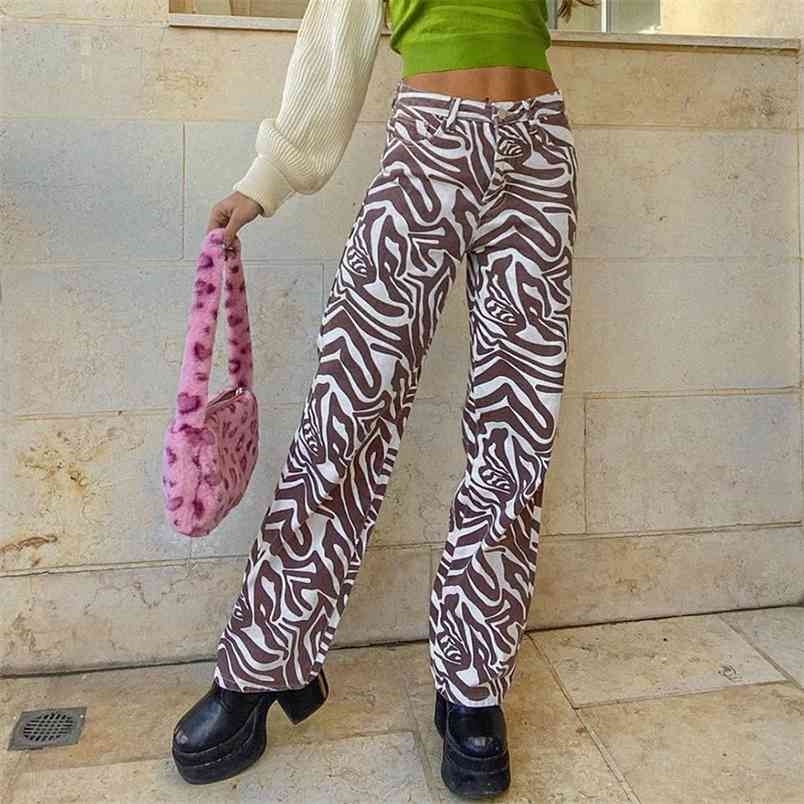 

Brown Zebra Print Y2K Jeans For Girls Female Casual Women' Vintage Straight Denim Pants Baggy High Waisted Trouser Capris 210708, Pink pants