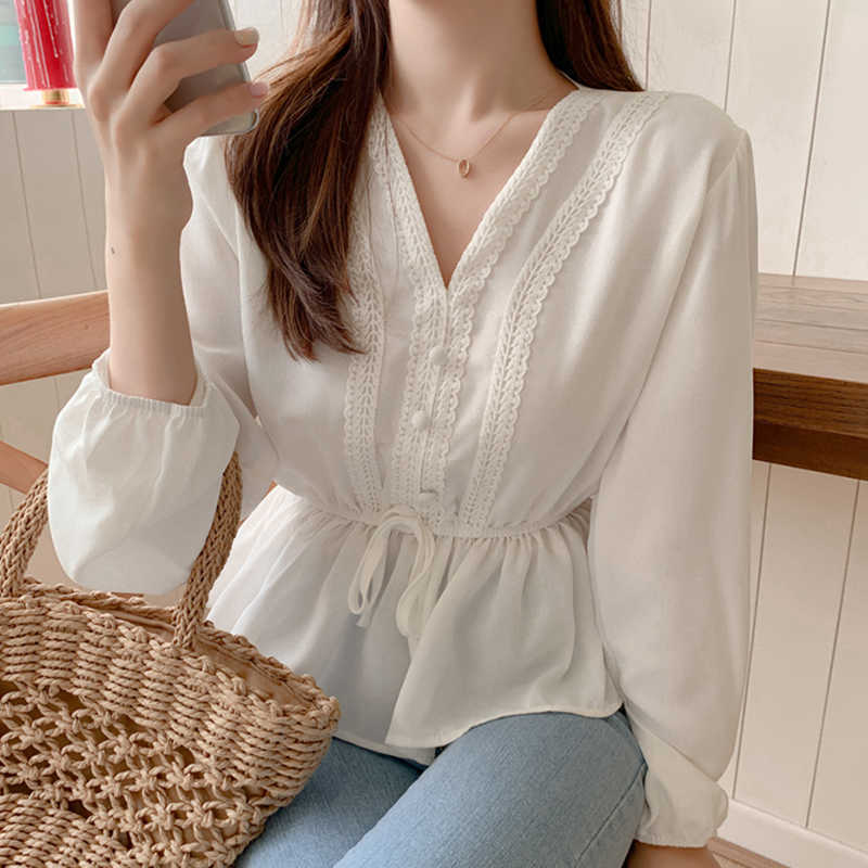 

shintimes V-Neck White Blouse Sashes Casual Woman Clothes Fall Lace Long Sleeve Shirt Women Blouses Shirts Chemisier Femme 210721