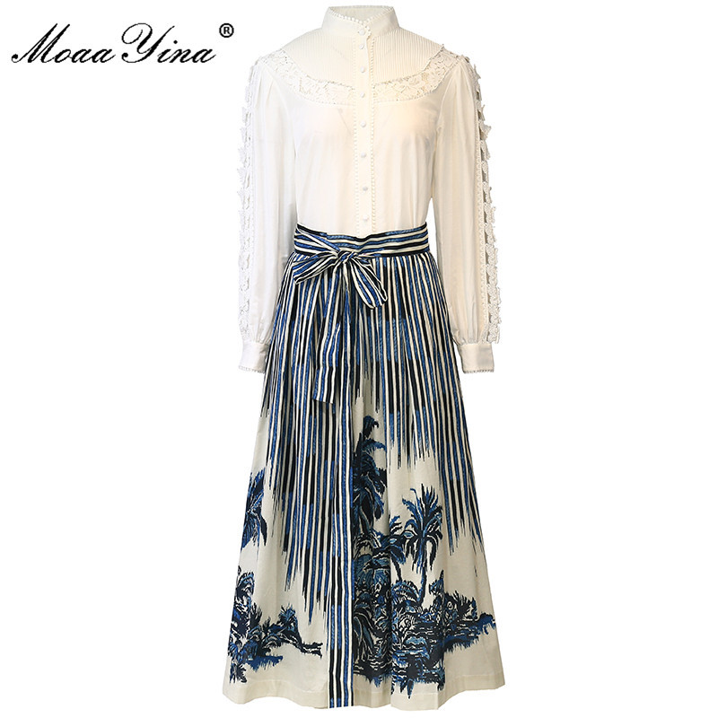 

Fashion Runway Summer Skirts Suit Women Long sleeve White Blouses and print Striped Two Pieces Set 210524