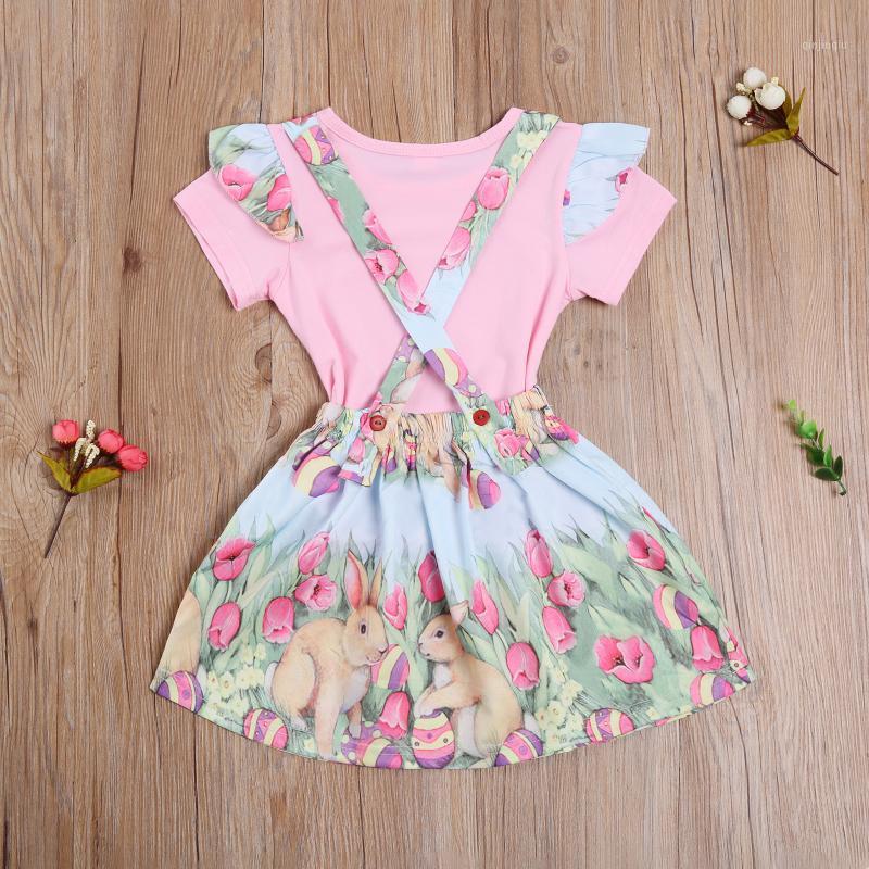 

Girls Two Piece Set Childrens Crew Neck Solid Short Sleeve Top Easter Print Straps Skirt Suit For Toddlers, White