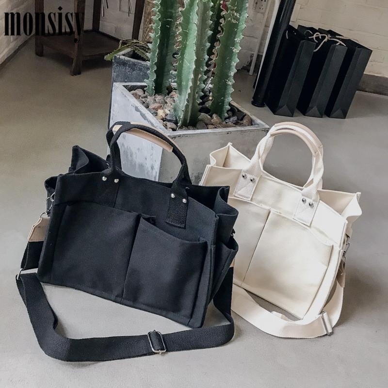 

Shopping Bags Monsisy Women Canvas Tote Bag Lady Shoulder Big Capacity Pockets Girl Messenger School Books Travel Beach Obag, Beige