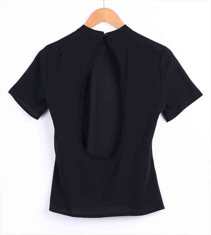 

fashion black open back women blouses short sleeve summer clothes, White