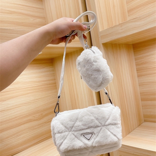 

21 new autumn and winter plush two one rhomboid messenger single shoulder child mother difference bag female Purse Outlet, White