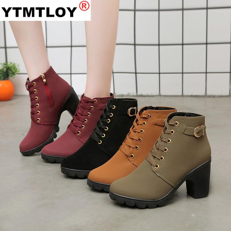 

Boots Ankle For Women Elegant Square Heel Shoes Woman High Solid Vintage Lace-up Ladies Winter Platform, Black