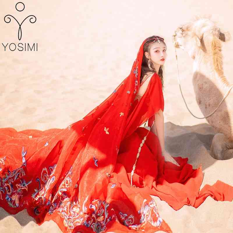 

YOSIMI Red Chiffon Long Women Dress for Travel Summer Fit and Flare Maxi with Embroidered Shawl Party es 210604, Only dress