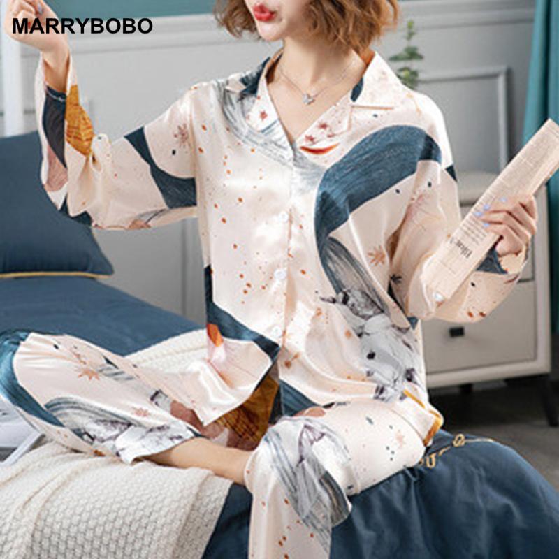

Women's Two Piece Pants Casual Loose Long Sleeve Nightwear Set Korean Cartoon Print Loungewear 2021 Women Spring Autumn Satin Silk Pajamas, White