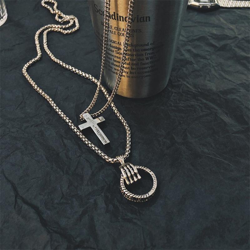 

Pendant Necklaces Personality Wild Cool Tide Brand Cross Men And Women Ghost Hand Ring Necklace Hip Hop Multi-Layer Jewelry
