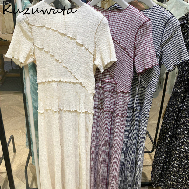 

Kuzuwata Chic Wooden Ear Patchwork Pleated Women Dress 2021 Spring Summer Drawstring Vestidos New High Waist Plaid Dresses, Beige