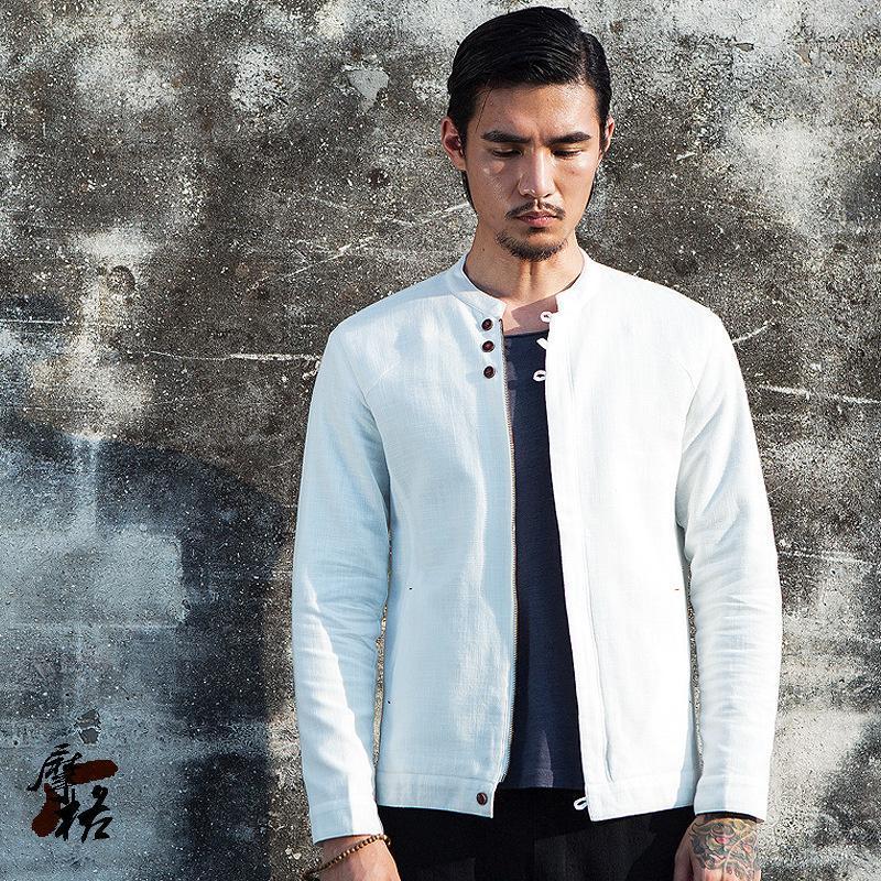 

Men's Jackets Vintage Linen Cotton Jacket White Black Spring Summer Thin Casual Men Zipper Solid For 2022 Arrivals