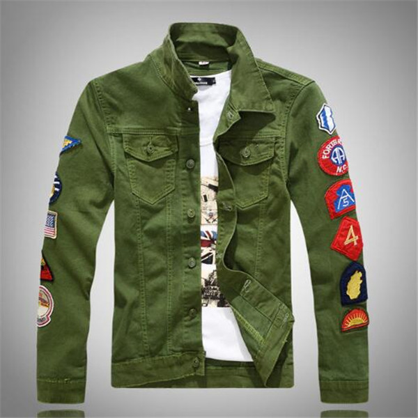 

Spring autumn tide new Korean jacket men slim long-sleeved denim men's patch green jackets Outerwear Coats