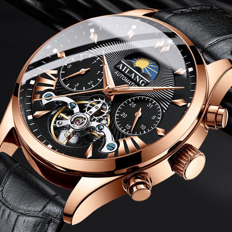 

Wristwatches AILANG Mechanical Watches Luxury Automatic Men's Watch Moon Phase Multi-function Tourbillon Black Leather Waterproof Clock