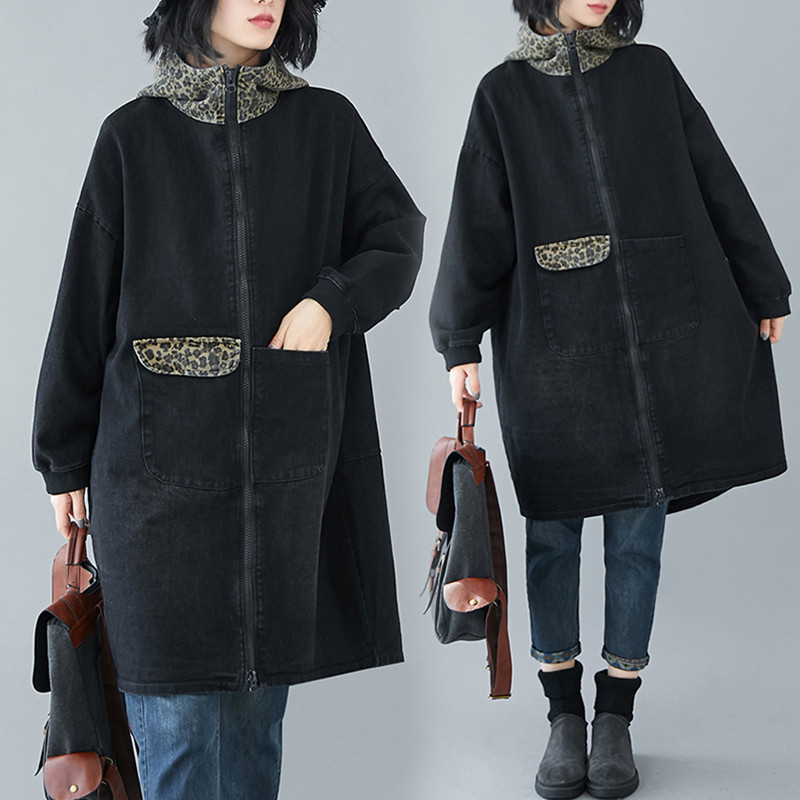 

Women's Jackets Fashion Thick Stitching Leopard Hooded Denim Jacket Women zipper Long Windbreaker Autumn Winter coat Female Outerw, Photo color