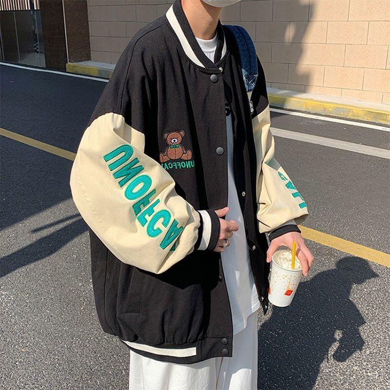 

Men's Jackets 2022 Spring Varsity Jacket Men Women's Bear Embroidery Techwear Coat Trend Korean All-match Oversize Baseball Uniform, Black