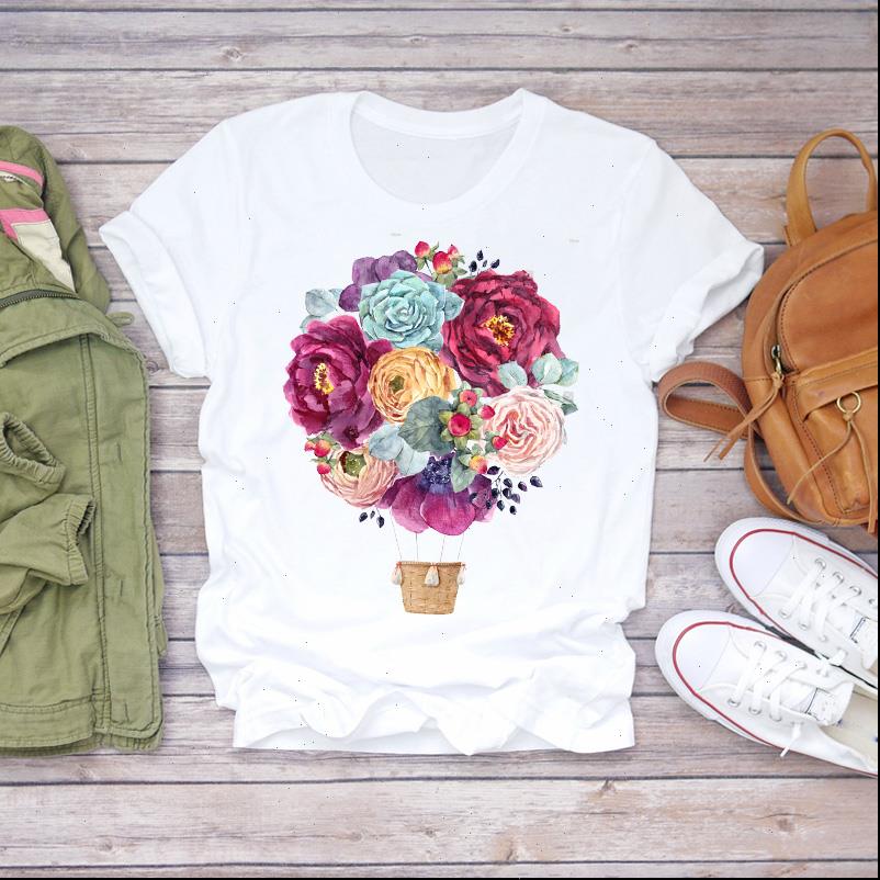 

balloon kawaii casual love womens t shirt fashion flower 90s floral print graphic female tee, White