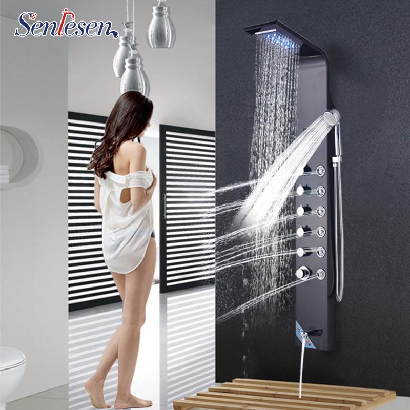 

SenlesenShower Panel Waterfall Rain Shower Head Stainless Steel Wall Mount W/ Massage Jets For Bathroom Douche Faucets Sets