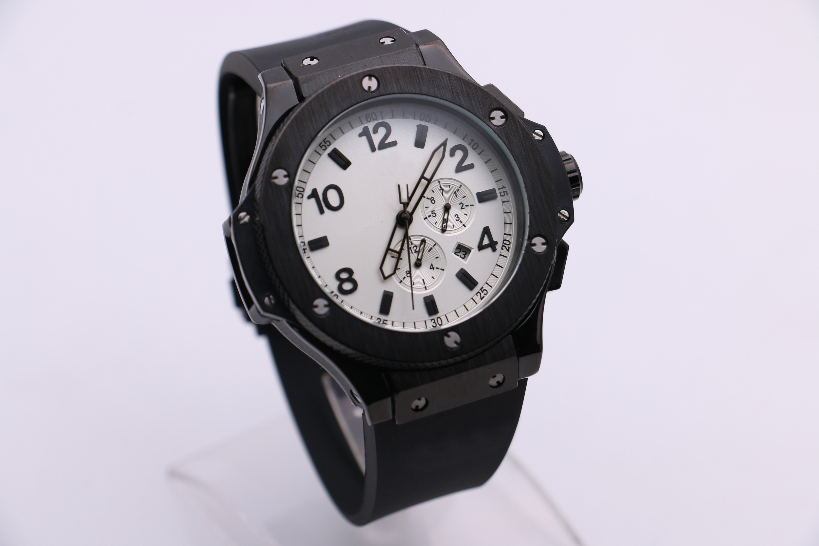 

Men's mechanical watch NX modern fashion business black stainless steel case rubber strap white dial five-hand multi-function calendar, Slivery;brown