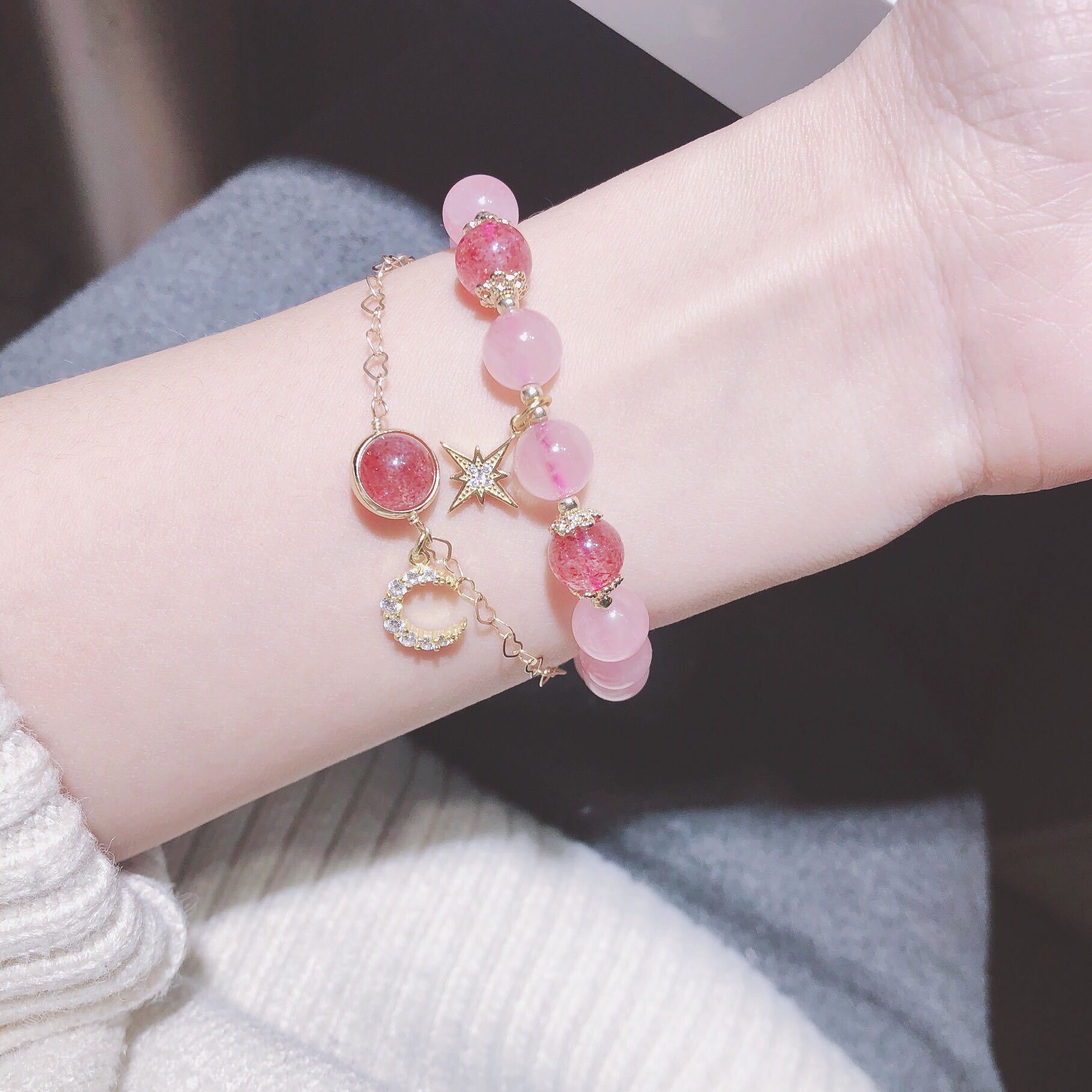 

Strawberry Pink Crystal Transit Star Moon Female Gift Bracelet, Golden;silver