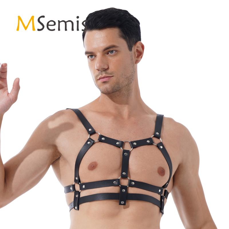 

Bras Sets Black Men Punk Gothic Rivet O Ring Decor Shoulder Chest Faux Leather Harness Belt Adjustable Suspender Straps For Rock Concert, Red;black