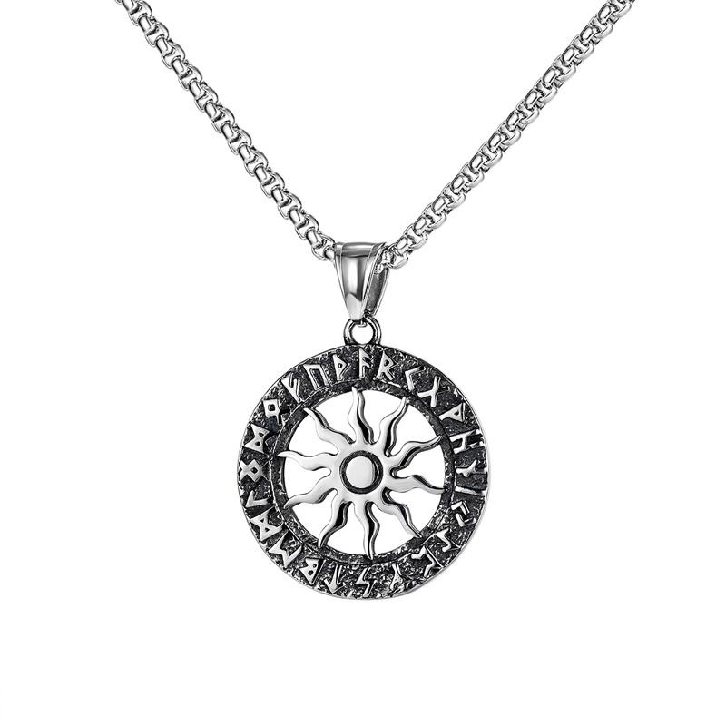 

Chains Vintage Nordic Viking Sun Flower Necklaces Triangle Symbol Round Pendant For Men Him Stainless Steel Chain Punk Male Jewelry, Silver