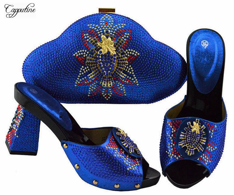 

Latest Royal Blue Party High Heel Pump Shoes With Evening Handbag Set Rhinestones JZS-04 Height 9cm Dress, Black