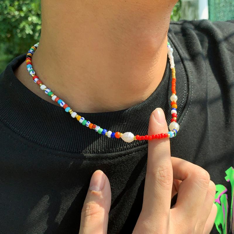 

Chains Ingemark Kpop Colorful Strand Bead Necklace For Women Boho Imitation Pearl Handmade Short Clavicle Chain Y2K Jewelry, Silver