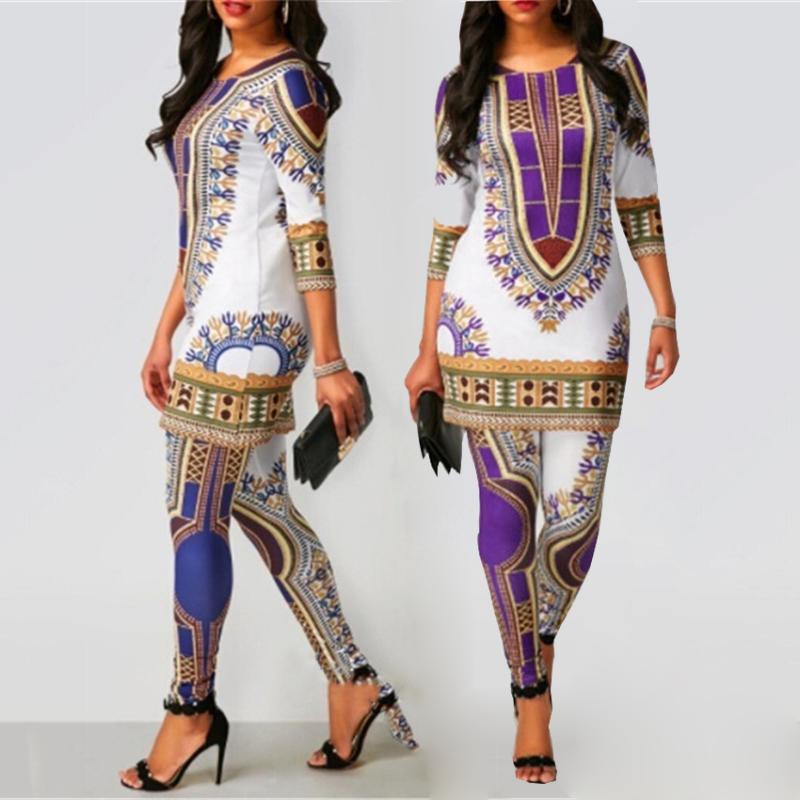 

Summer Fashion Dashiki African Women Two Piece Print Tops Pants Suit Ladies Clothes Robe Africaine Casual Set, Orange