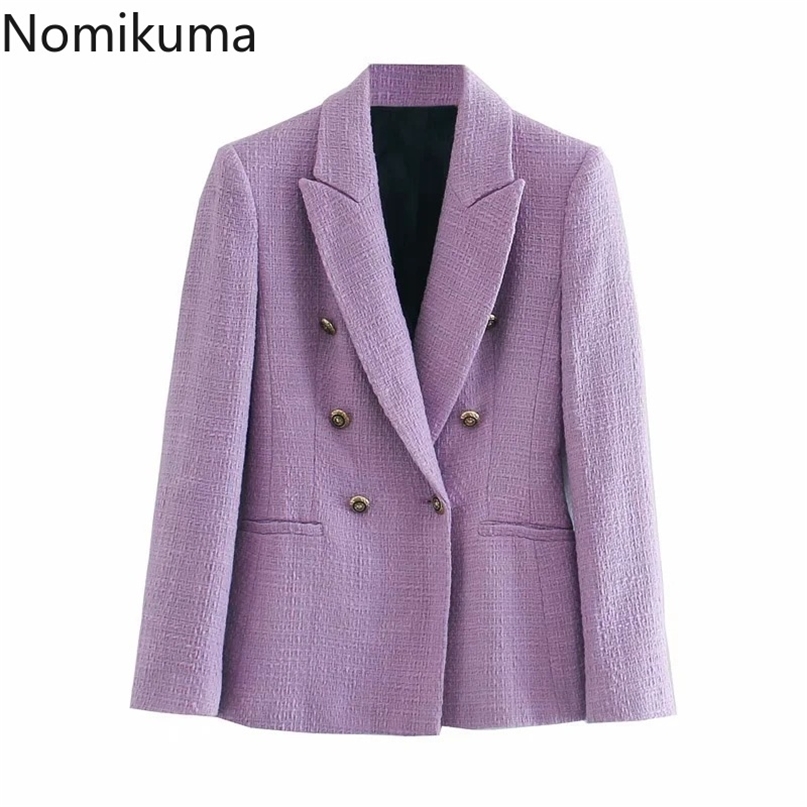 

Nomikuma Korean Double Breasted Blazer Coat Autumn Winter Women Blazers Causal Purple Long Sleeve Suit Jackets 6B716 211019