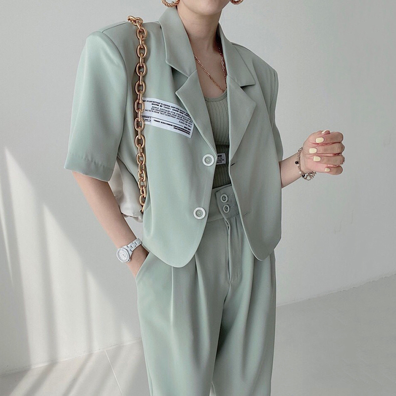 

Korean chic temperament lapel letter patch two button suit jacket + high waist straight casual trousers 210525, Pants